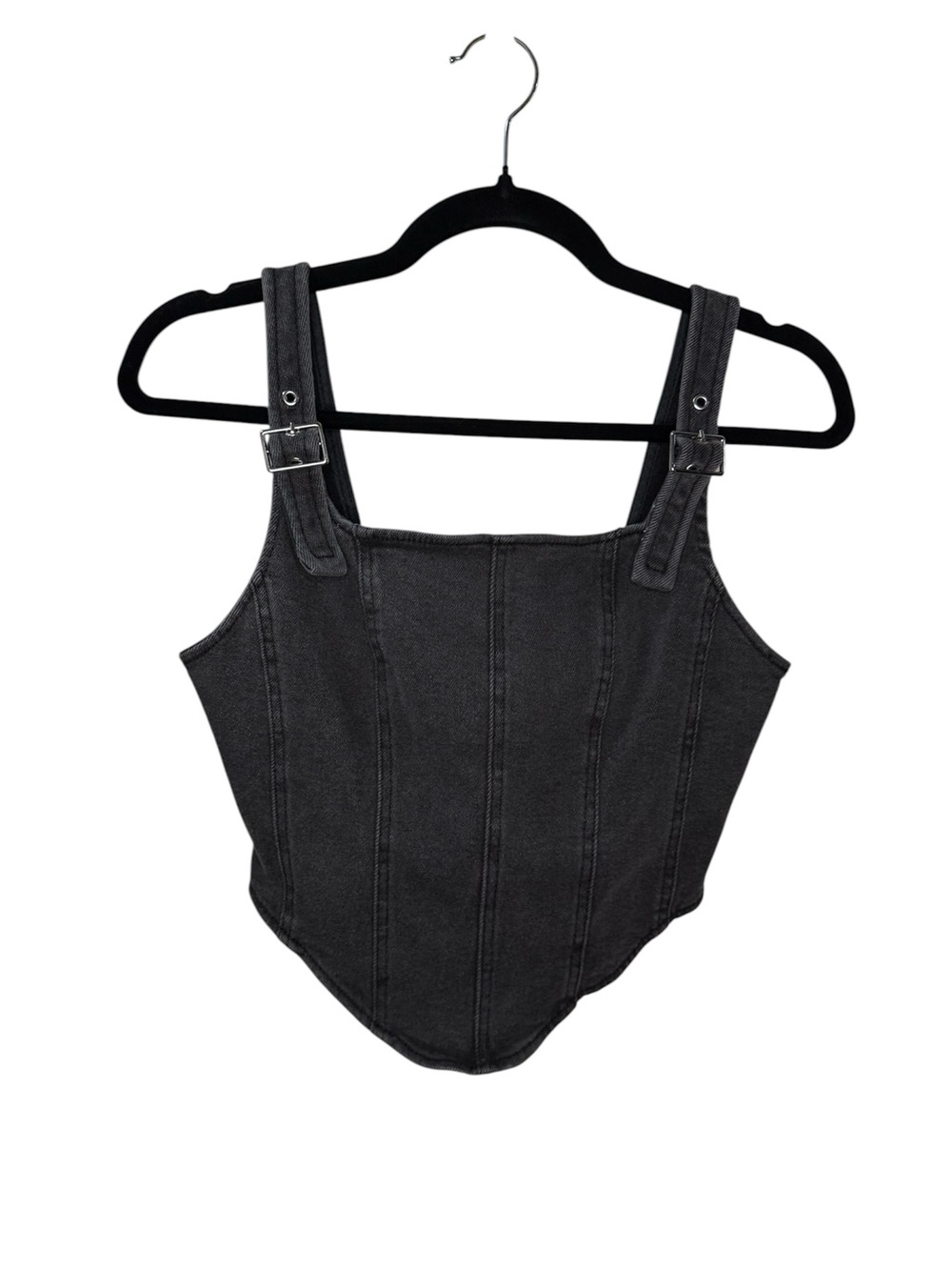 Black Adjustable Buckle Strap Corset Style Top in Acid Wash